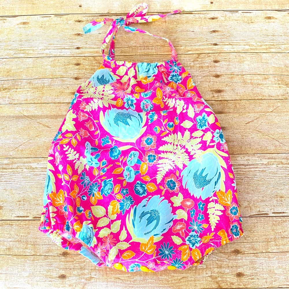 Floral Baby Halter Romper Playsuit Handmade One Piece with Matching Headband Bow